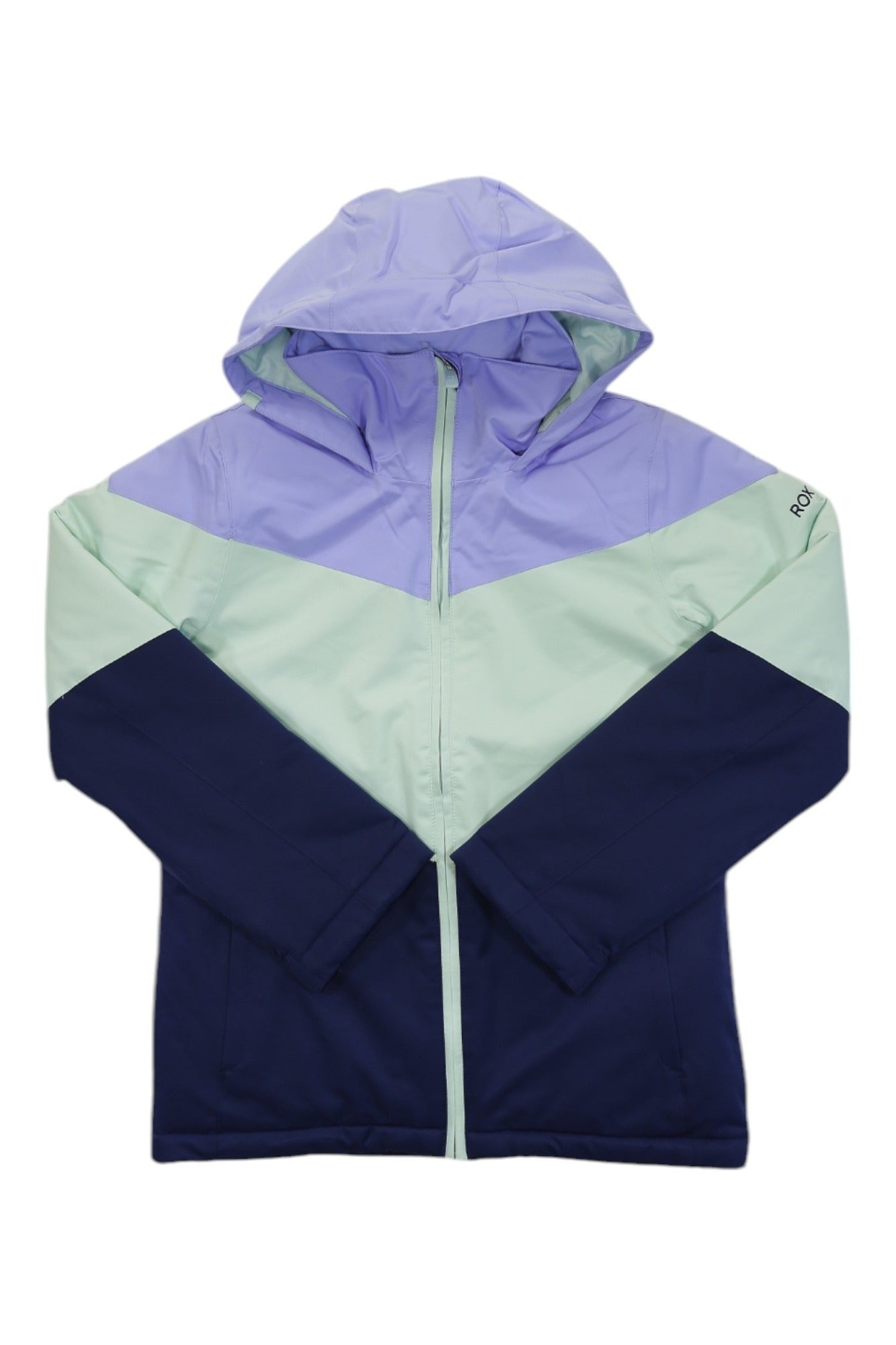 The Roxy Girls Whist Jacket is a hooded winter jacket with color blocks in lavender, mint green, and navy blue, plus a front zipper and long sleeves.
