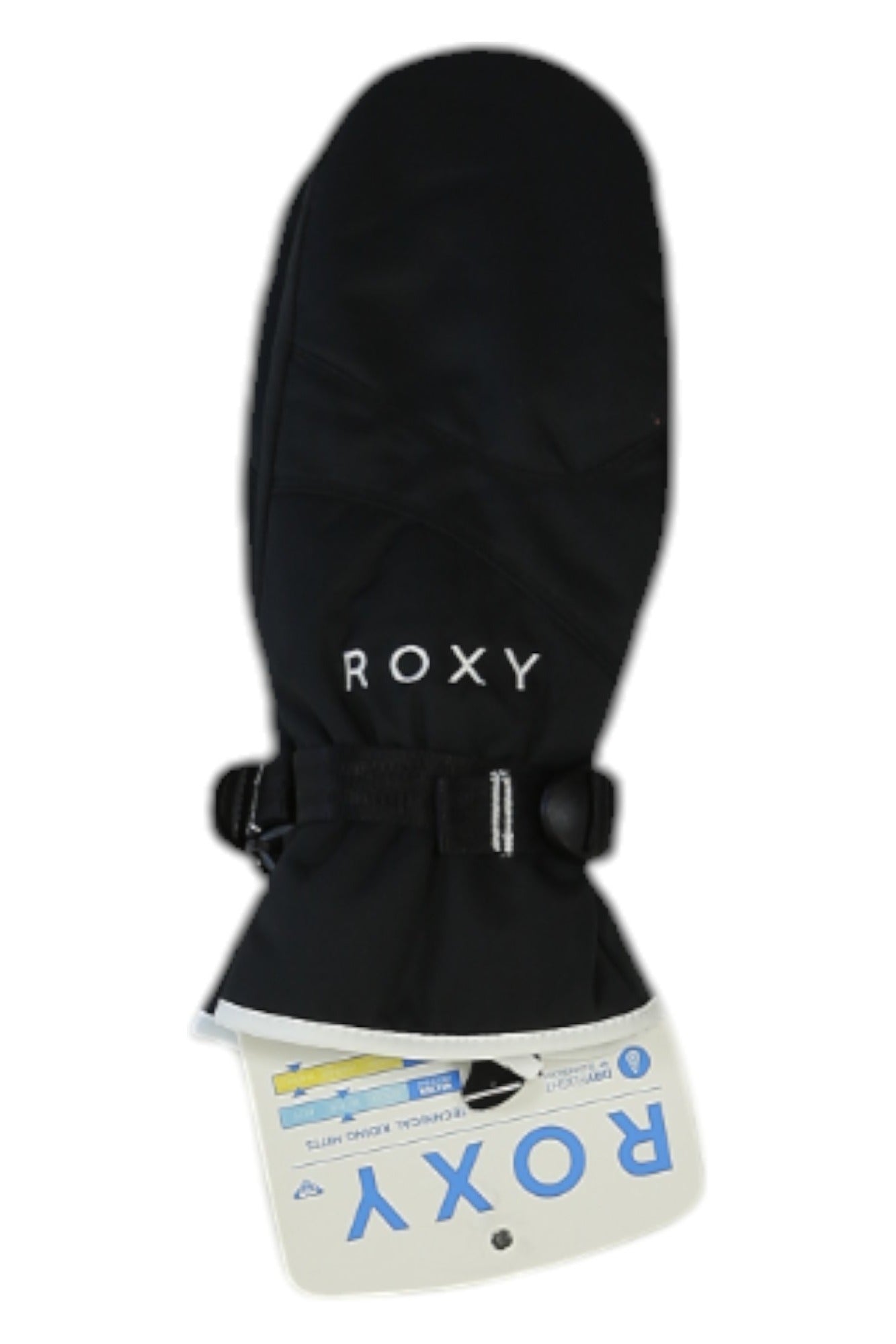 The Roxy Womens Jetty Solid Mitt is a black mitten featuring white "ROXY" embroidery on the back and a white product tag—perfect insulated mittens for chilly days.