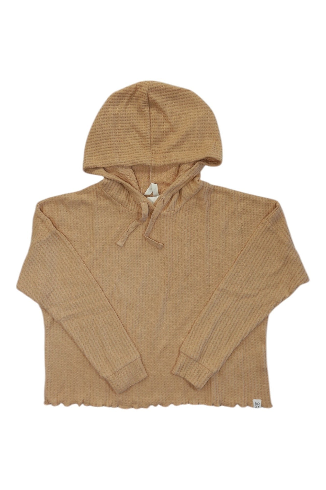 The Roxy Womens Twilight Mood Hoodie is a light brown, long-sleeve, waffle-knit casual hoodie with drawstrings and a raw wavy hem, shown laid flat on a white background.
