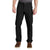 A man wears Carhartt Mens Rugged Flex Relaxed Fit Duck Dungaree black straight-leg pants, a dark gray shirt, and brown leather shoes against a white background. Only his body from the shoulders down is visible.