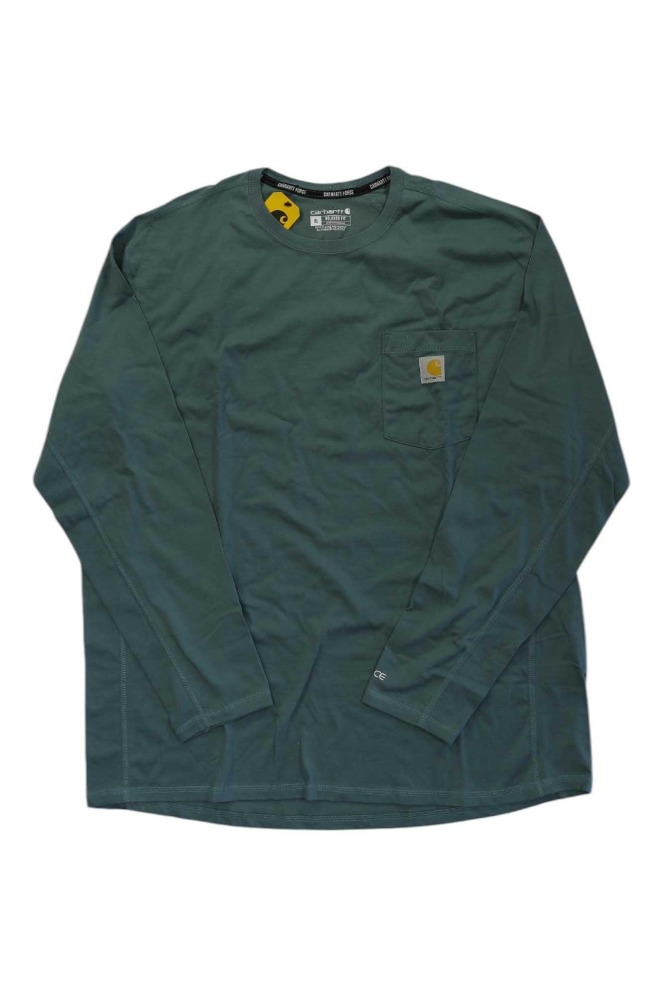 A Carhartt Men's Force Relaxed Fit Midweight LS Pocket T-Shirt in dark green, with a chest pocket and yellow logo patch. Features UPF 25+ sun protection and moisture-wicking fabric, shown laid flat on a white background.