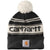 The Carhartt Men's Knit Pom-Pom Cuffed Logo Beanie features black and white stripes, a pom-pom top, Carhartt text across the front, and a signature logo patch on the cuff.