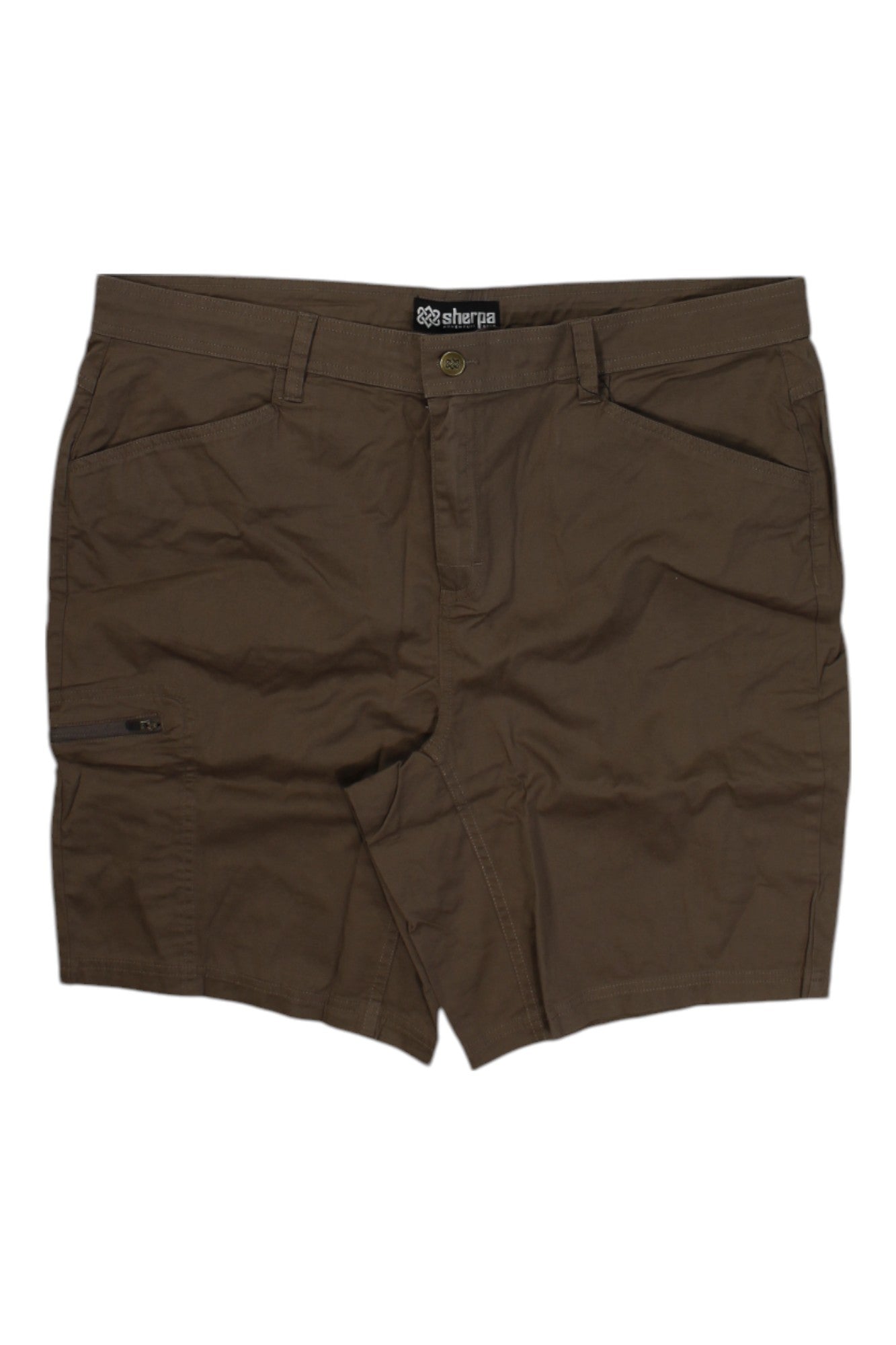 The Sherpa Mens Tenjing Short is a brown, knee-length hiking short featuring front pockets, a side zippered pocket, and a button closure at the waistband. The shorts are shown slightly wrinkled and laid flat on a white background.