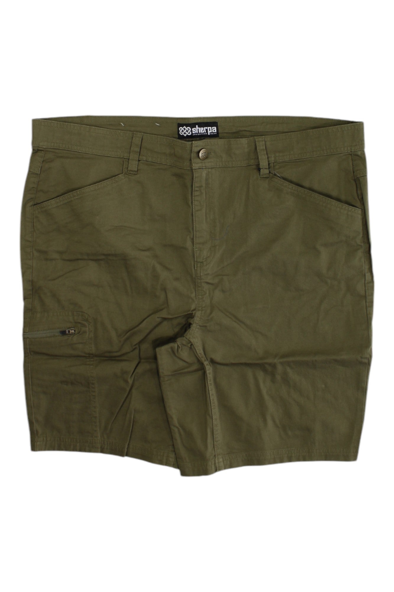 The Sherpa Mens Tenjing Short features olive green fabric, front pockets, a side zipper pocket, belt loops, and a button waist closure—ideal men’s climbing shorts for outdoor adventures. Sherpa brand label is inside the waistband.