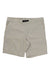 The Houdini Womens Wadi Short in light beige features a black buckle waistband, side pockets, and slightly wrinkled fabric—ideal for outdoor adventures. Shown laid flat on a white background.