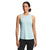 A woman in the light blue The North Face Women's Elevation Tank, featuring a white logo on the left chest, and black leggings stands facing forward against a plain white background.