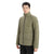 A person wearing the Icebreaker Men's Merinoloft Collingwood II Jacket—olive green, insulated, water-resistant, high collar, and front zipper—stands against a plain white background.