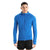 A person faces forward against a plain white background, wearing the Icebreaker Mens Quantum III LS Zip Hoodie in bright blue with a hood and black shorts.