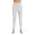 A barefoot woman stands against a white background, ready for fitness, wearing light gray Icebreaker Womens 200 Sonebula Leggings made from merino wool with a visible branded waistband.