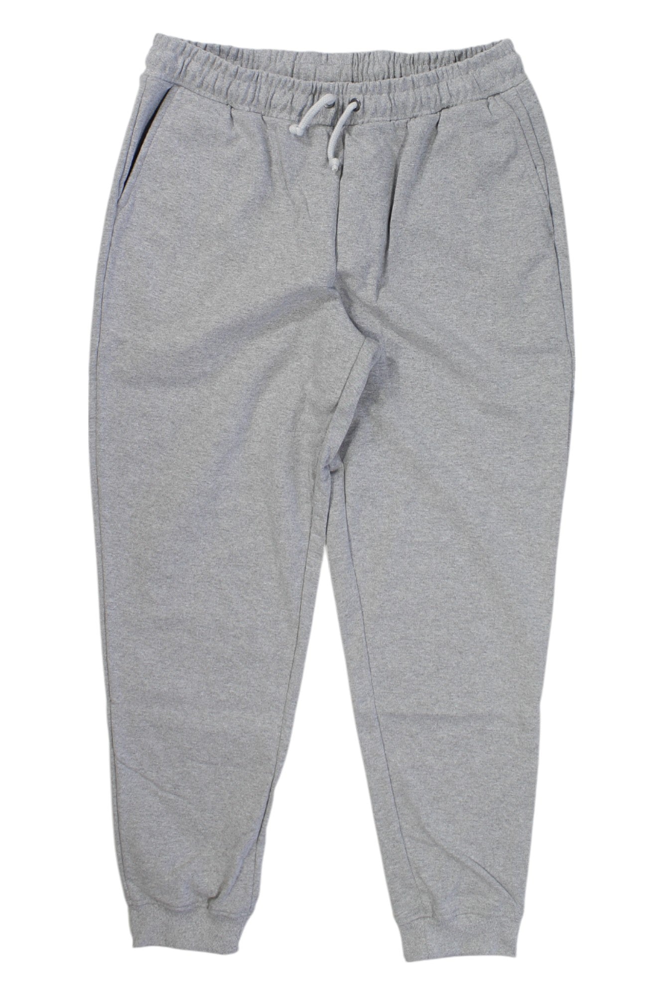 Women's heather gray jogger pants with elastic waistband, drawstring, tapered cuffs