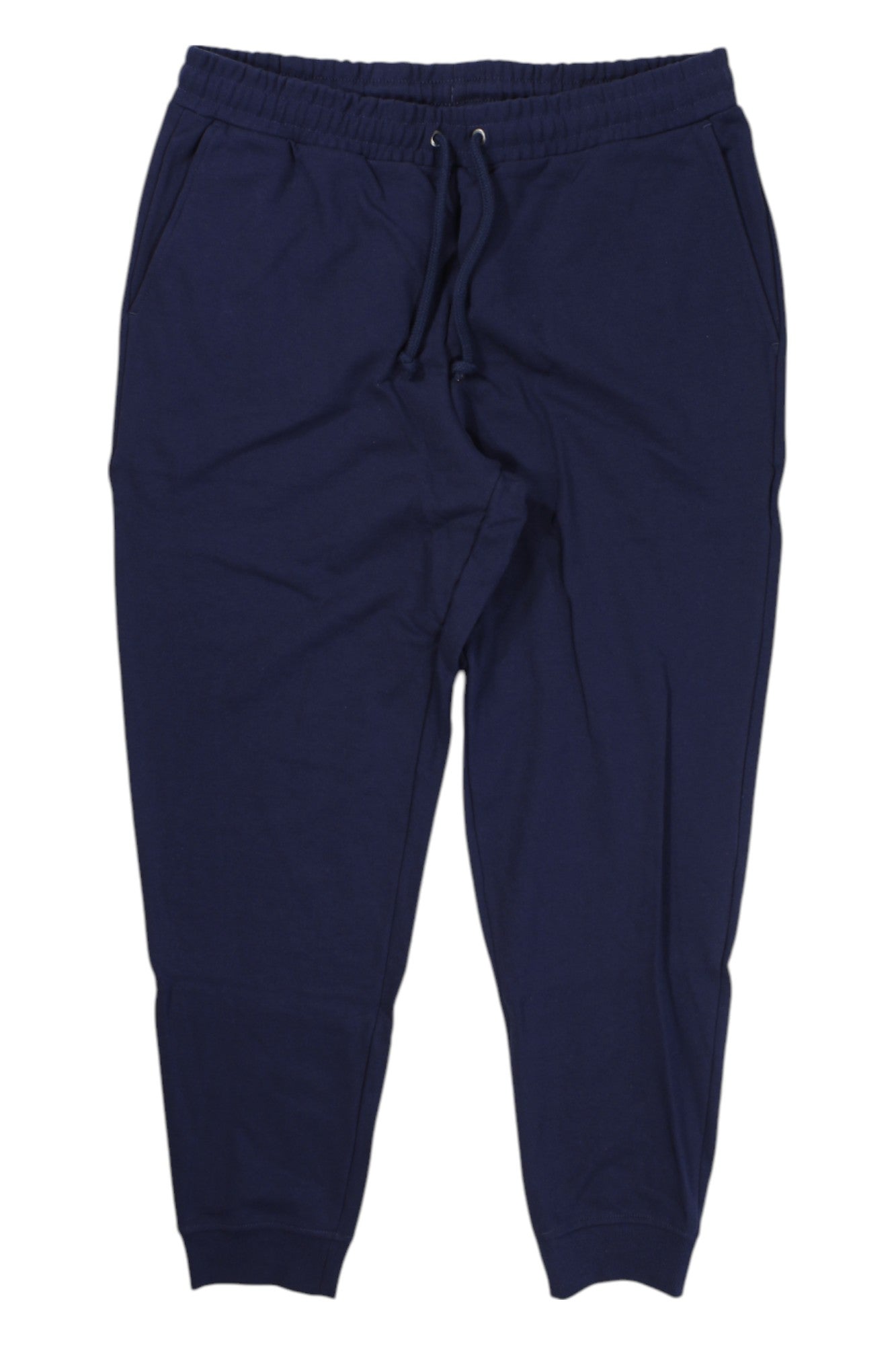 Women's navy jogger pants with elastic waistband, drawstring, tapered cuffs