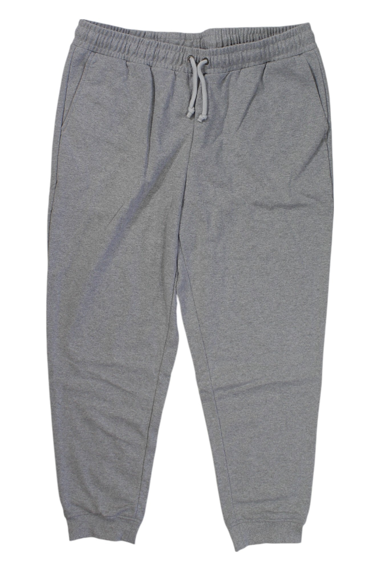 Women's gray jogger pants with elastic waistband, drawstring, tapered cuffs
