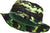The North Face Kids' Class V Brimmer Hat is a green and black camo bucket hat with a white logo, made from recycled polyester. It features a wide brim, visible stitching, and offers UPF 40+ sun protection.