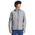 A person stands slightly angled against a white background wearing The North Face Men's Alta Vista Jacket in light gray; this breathable, recycled-fabric jacket has a front zipper, pockets, and hood drawstrings.