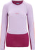 The Icebreaker Womens 125 Zoneknit LS Crewe is a light purple, long-sleeve merino wool athletic shirt with darker purple and orange sleeve and body accents, featuring an icebreaker logo—ideal for activewear.