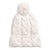The North Face Cable Minna Pom Beanie is a white, thick cable-knit hat with a folded brim, large pom-pom, and a recycled polyester fleece lining for extra warmth.