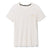 The Smartwool Womens Denver Skyline Graphic SS Tee is a light beige, short-sleeve top made from moisture-wicking fabric, featuring a small "GO FAR. Feel Good." print in blue and yellow on the upper left chest.