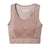 The Smartwool Womens Intraknit Racerback Bra is a seamless, light brown sports bra with wide straps and subtle ribbed and herringbone patterns, shown flat on a white background.