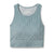 The Smartwool Women's Intraknit Crop Bra is a sleeveless, ribbed, light blue athletic crop top with a round neckline and wide bottom band, perfect for low-impact activities or as a comfortable bra alternative.