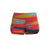 The Smartwool Womens Merino Sport Lined Short features a vibrant abstract pattern in red, yellow, orange, blue, and black. These quick-dry running shorts have a high waistband and fitted design, shown here on a white background.