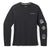 The Smartwool Outdoor Patch Graphic LS Tee is a black, long-sleeve Merino wool shirt with a small white chest logo, three gray graphic patches on the right sleeve, a crew neck, relaxed fit, and excellent moisture management.