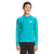 A smiling boy wears The North Face Boys Amphibious LS Sun Tee in bright turquoise with UPF 40+ sun protection and black pants, standing against a white background. The North Face logo appears on the chest and left sleeve.