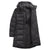 The North Face Women's Plus Metropolis Parka is a long, dark gray, puffer-style coat with a hood, horizontal stitching, open front showing the lining and inner pocket, cozy goose down insulation, and a water-repellent finish for winter comfort.