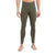 A person stands barefoot wearing Icebreaker Men's 200 ZoneKnit Leggings in olive green, featuring a form-fitting merino wool design and an elastic waistband branded with "icebreaker," highlighting this comfortable base layer.