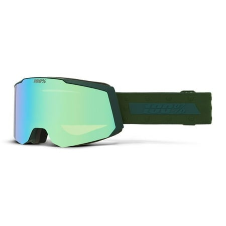 Ski goggle with green mirror lens, dark green frame, and vented side strap