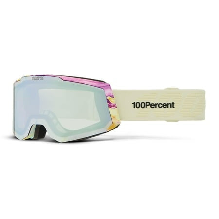 Ski goggle with light blue mirror lens, pastel pink frame, and white 100% strap