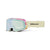 The 100% Snowcraft S AF HiPER Goggle by 100 Percent features a light blue anti-fog lens, a vibrant pink and yellow frame, and a cream-colored strap adorned with "100Percent" text in black.