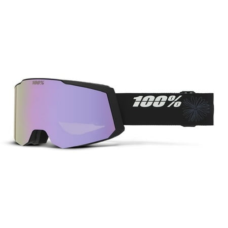 Ski goggle with lavender mirror lens, black frame, and 100% logo strap