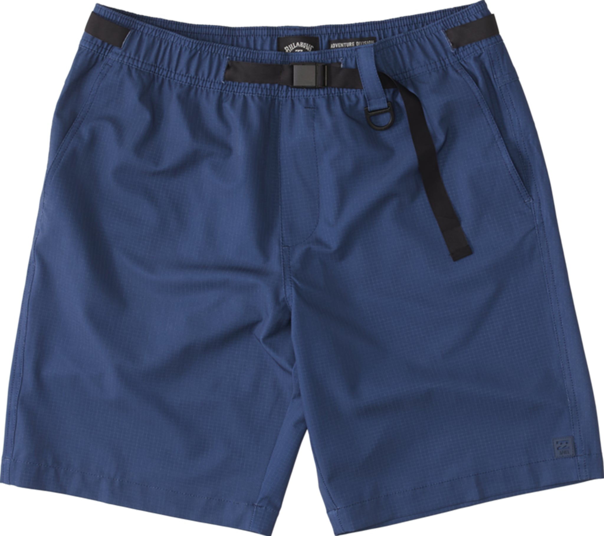 Blue men's trail shorts with elastic waistband, drawstring tie, side pockets