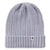 The Smartwool Rib Hat is a light gray, ribbed knit winter hat with a folded cuff. A small white tag with a black stick figure and colored stripes decorates the cuff. This cozy hat is ideal for chilly days.