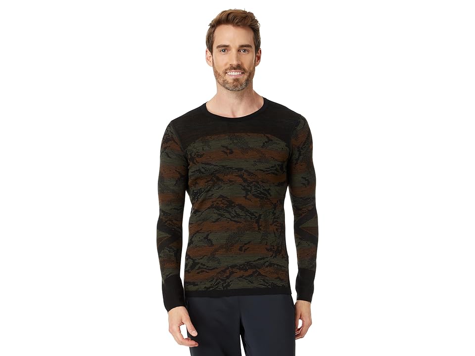 Men's merino thermal crew base layer top with landscape knit pattern, dark green and brown