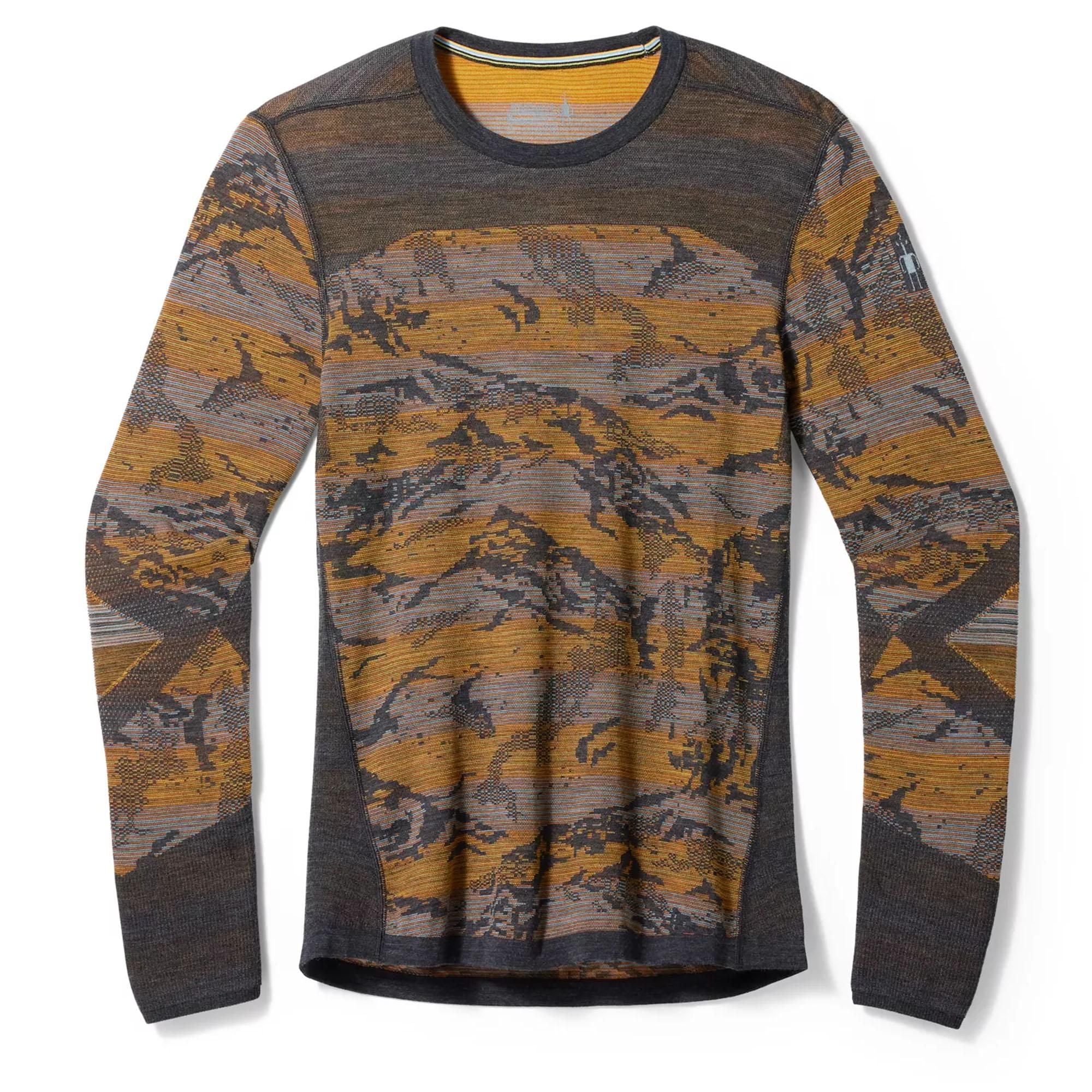 Men's merino thermal crew base layer top, mustard yellow and charcoal knit pattern