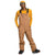 Person smiling with hands in pockets, wearing tan The North Face Mens Freedom Bib waterproof overalls, a yellow long-sleeve shirt and beanie, sunglasses, and black shoes with red soles against a white background.