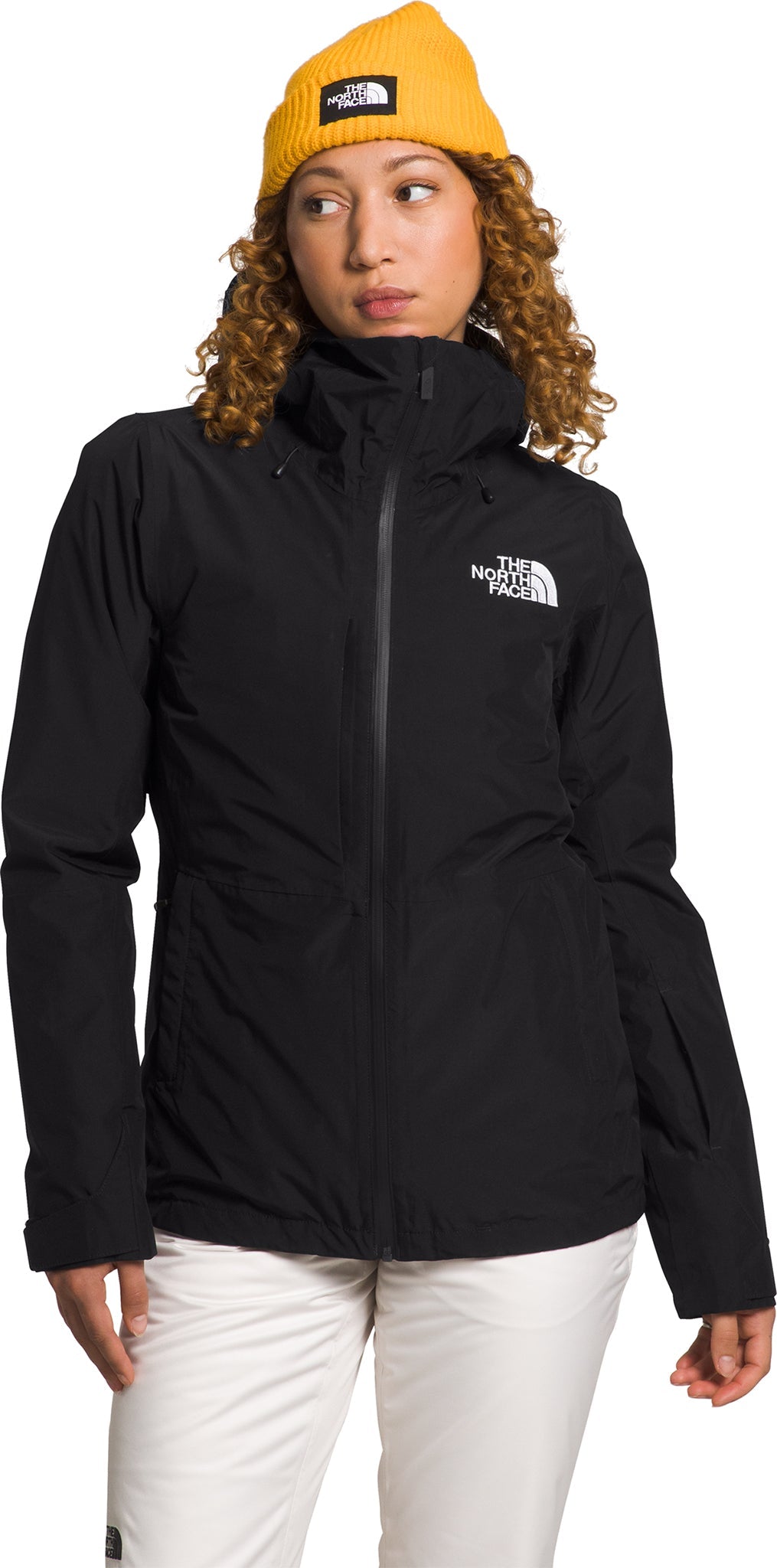 Women's insulated triclimate snow jacket, black, full-zip with hood, chest logo