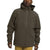 A person wears a hooded, dark green The North Face Mens Thermoball Eco Triclimate Jacket with front zipper and chest logo, paired with light brown pants, standing against a plain white background.