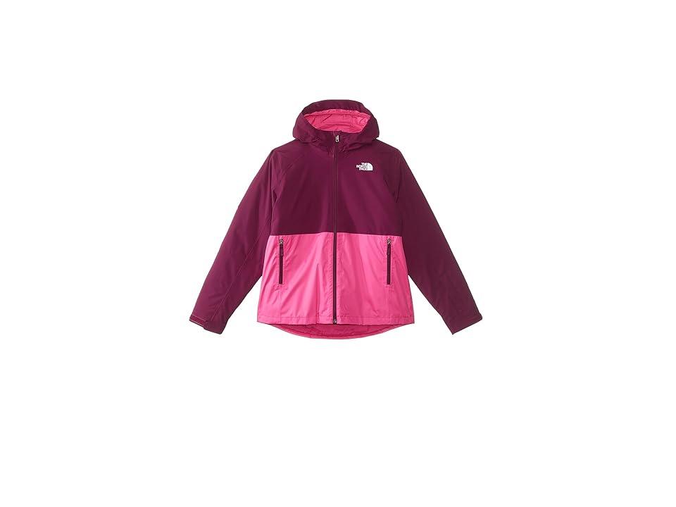 The North Face Girls Freedom Triclimate Jacket is a two-tone insulated jacket with a hood, featuring dark magenta and bright pink panels, two zippered pockets, a white logo on the left chest, and reliable warmth for every adventure.
