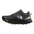 Womens black trail running shoe with lime heel, white side stripe, logo