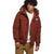Men's bomber jacket in dark rust brown with faux-fur hood trim and zip front pockets