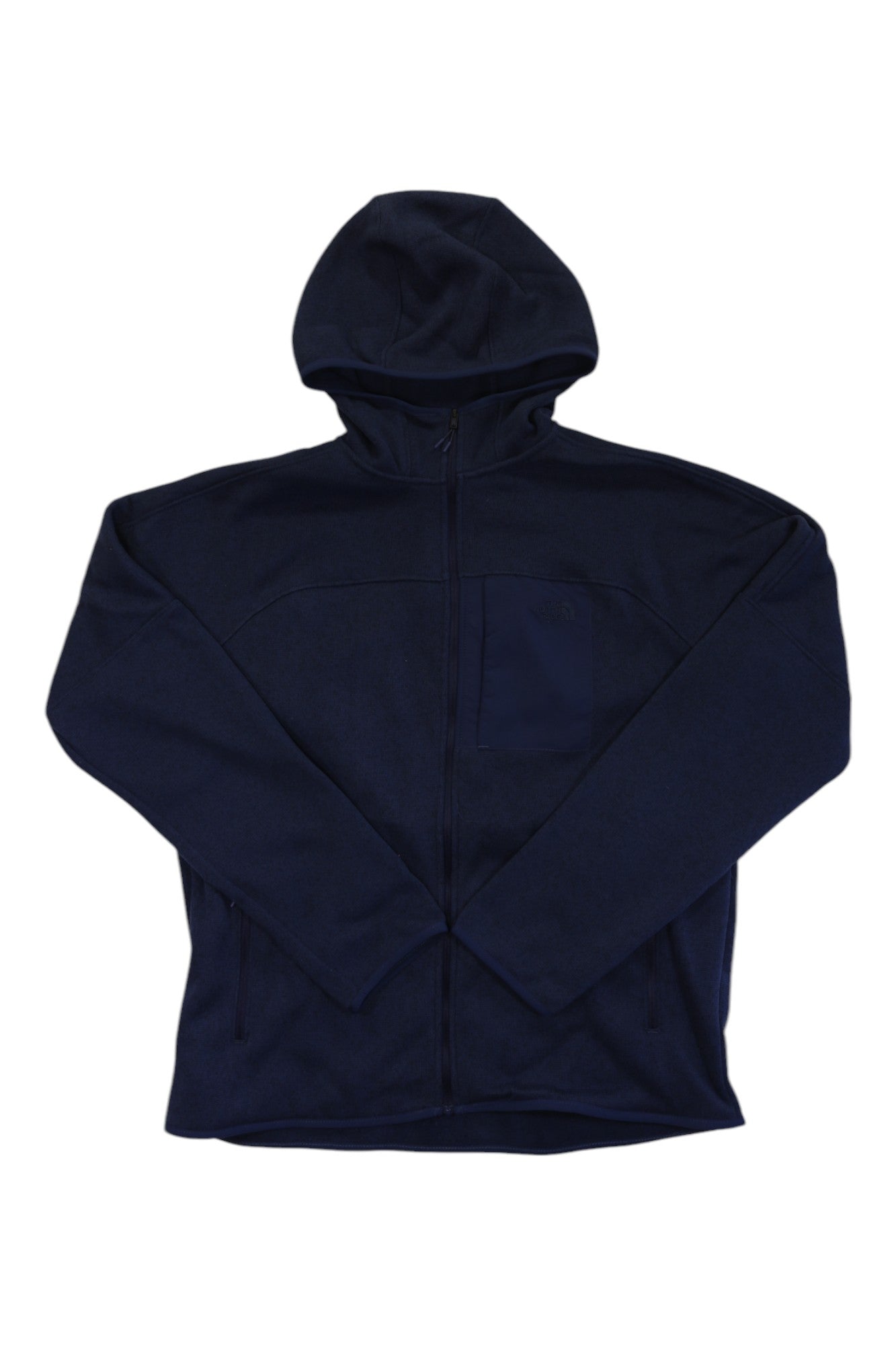The North Face Mens Front Range Fleece Hoodie in navy blue, made from recycled polyester with a hood, long sleeves, chest pocket, and zip-up front, is shown on a white background.