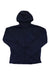 The North Face Mens Front Range Fleece Hoodie in dark navy blue, made from recycled polyester, features long sleeves, a chest pocket, and side pockets. Shown laid flat on a white background.