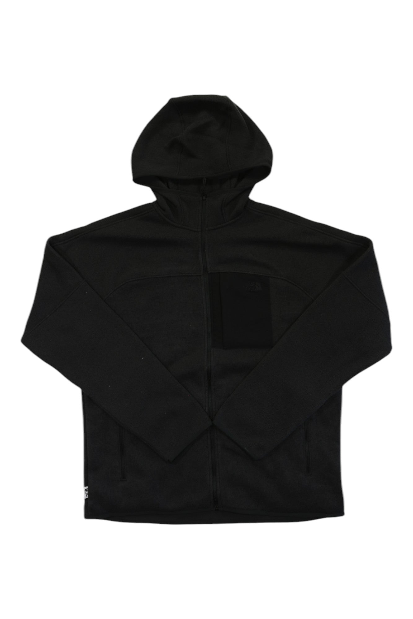 The North Face Mens Front Range Fleece Hoodie is a black zip-up fleece for men with a hood, long sleeves, left chest pocket, subtle logo, and made from recycled polyester.