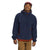 A person smiles wearing The North Face Mens Campshire Fleece Hoodie with a hood and red accents, tan pants, and a blue and red cap, standing against a plain white background.