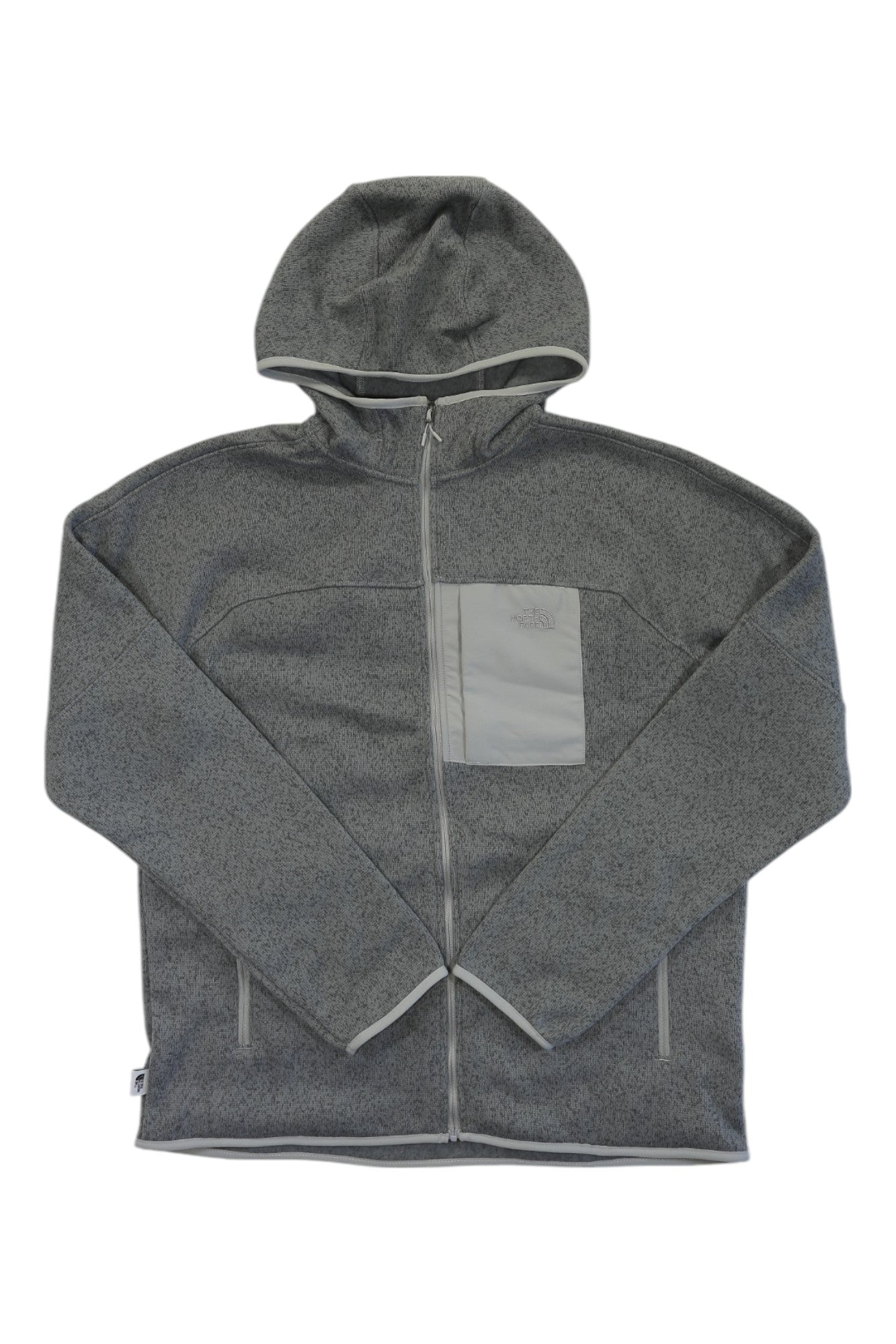 The North Face Mens Front Range Fleece Hoodie, in gray recycled polyester, has long sleeves, a light gray left chest pocket, and two front pockets. Shown zip-up and laid flat on a white background.
