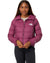 A woman wearing a purple The North Face Womens Hydrenalite Down Hoodie and black pants stands facing forward, smiling with her hands at the bottom of the unzipped hoodie against a plain white background.