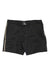 The Katin Men's Theo Trunk is a pair of black swim trunks for men with beige and white side stripes, a drawstring waistband, and made from recycled materials.