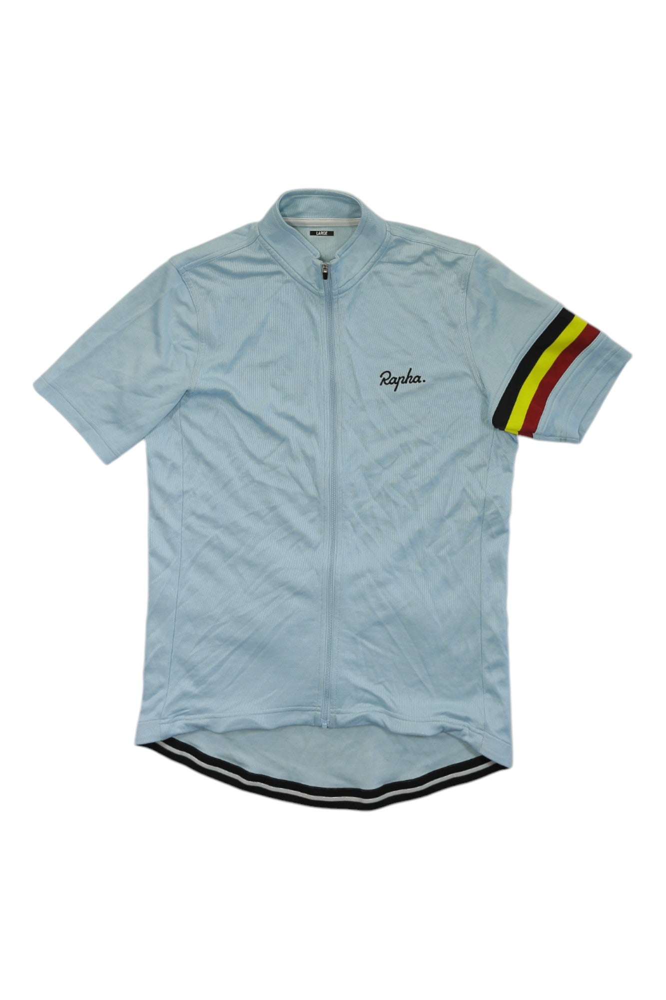 The Rapha Classic Country Jersey is a light blue, Netherlands-inspired short-sleeve cycling jersey with a full front zipper, chest Rapha logo, black/yellow/red stripes on the left sleeve, and an extended back hem.